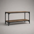 Meuble TV industriel 140 x 40 x 55 cm marron effet bois avec structure en acier noir et rangements ouverts