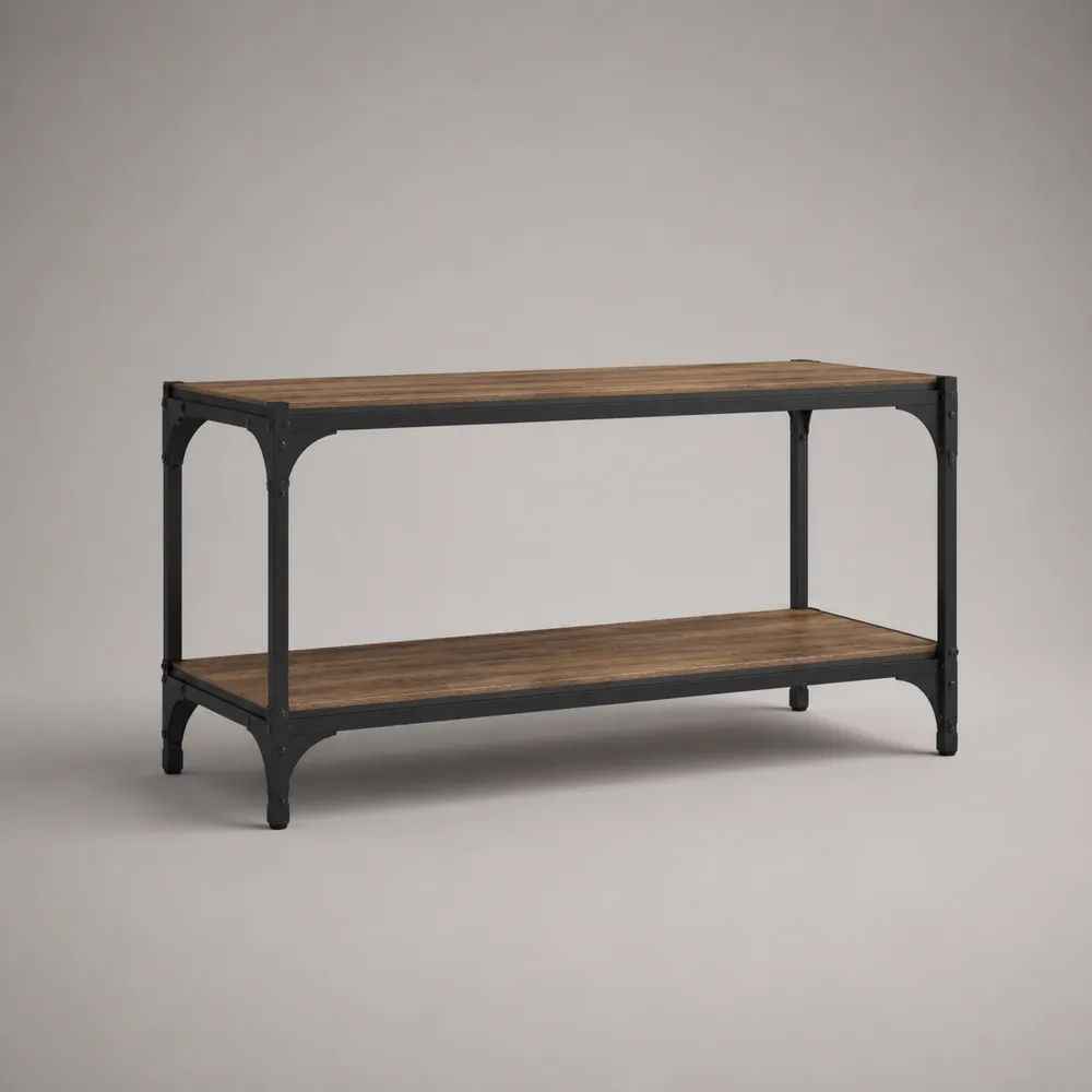 Meuble TV industriel 140 x 40 x 55 cm marron effet bois avec structure en acier noir et rangements ouverts