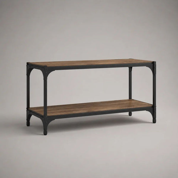 Meuble TV industriel 140 x 40 x 55 cm marron effet bois avec structure en acier noir et rangements ouverts
