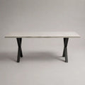 Table à manger 200 x 90 x 75 cm MDF Blanc effet marbre avec pieds en acier noir