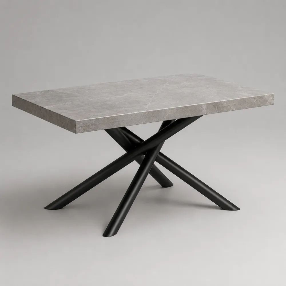 Table à manger 180 x 90 x 75 cm gris effet marbre avec plateau rectangulaire et pieds en acier noir
