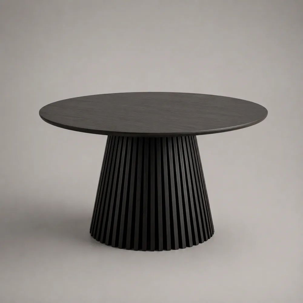 Table à manger ronde 120 x 75 cm noire en bois avec plateau rond et pied central cannelé