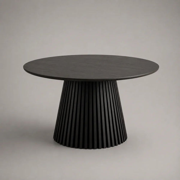 Table à manger ronde 120 x 75 cm noire en bois avec plateau rond et pied central cannelé