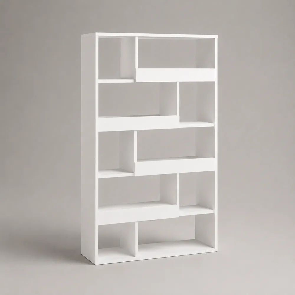 Bibliothèque 180 x 100 x 30 cm blanche en bois avec étagères ouvertes asymétriques