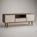 Meuble TV en bois effet noyer beige et noir avec 2 portes et rangement ouvert 180 x 40 x 55 cm
