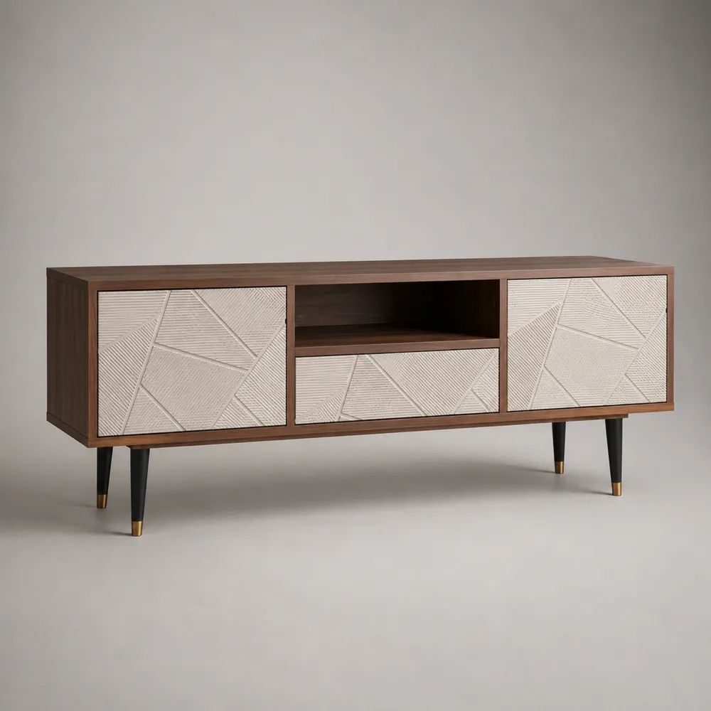 Meuble TV en bois effet noyer beige et noir avec 2 portes et rangement ouvert 180 x 40 x 55 cm