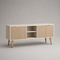 Meuble TV 160 x 40 x 60 cm beige en bois avec portes rainurées et niches ouvertes