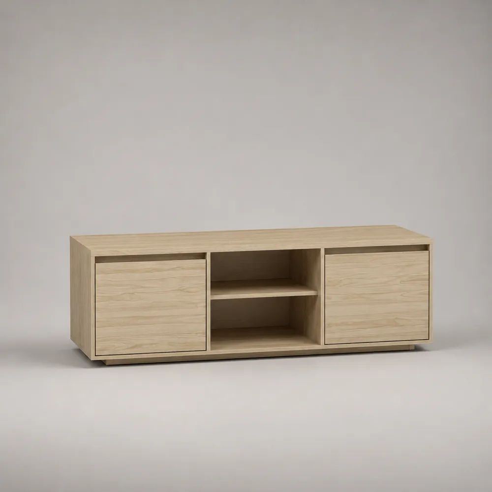 Meuble TV 180 cm en panneaux de particules finition chêne clair avec portes et niches de rangement