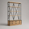 Bibliothèque 180 x 40 x 220 cm marron effet bois avec tiroirs et structure en acier noir