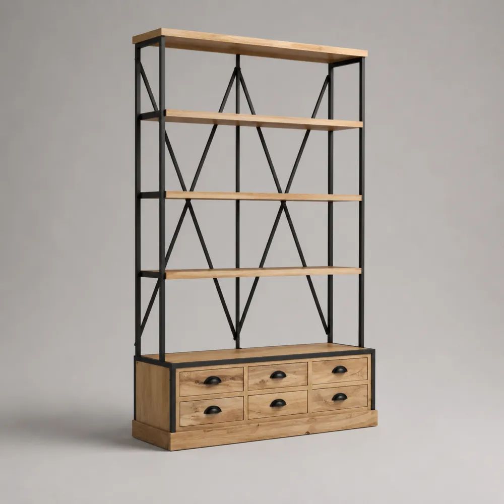 Bibliothèque 180 x 40 x 220 cm marron effet bois avec tiroirs et structure en acier noir