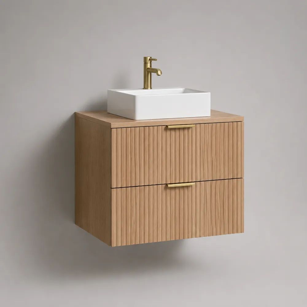 Meuble sous vasque suspendu 80 x 45 x 50 cm en bois chêne clair avec 2 tiroirs