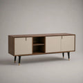 Meuble TV en bois effet noyer avec façades beige et rangements ouverts 180 x 40 x 55 cm