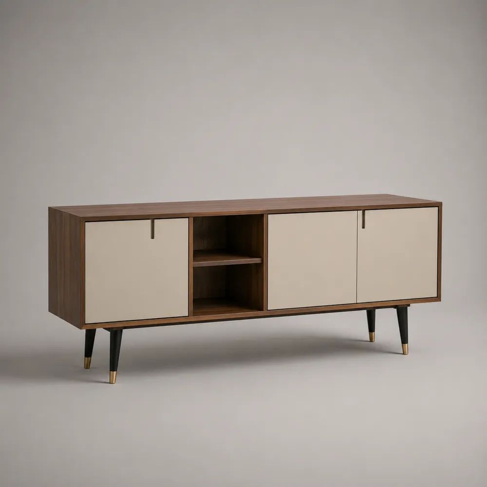 Meuble TV en bois effet noyer avec façades beige et rangements ouverts 180 x 40 x 55 cm