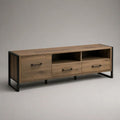 Meuble TV 180 x 40 x 50 cm marron effet chêne avec tiroirs, niches ouvertes et structure en acier noir