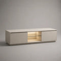 Meuble TV en bois blanc avec portes de rangement et niche centrale en verre 180 x 40 x 45 cm