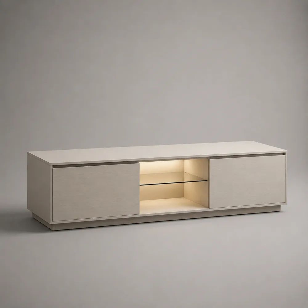 Meuble TV en bois blanc avec portes de rangement et niche centrale en verre 180 x 40 x 45 cm