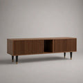 Meuble TV 180 x 40 x 55 cm en MDF marron noyer avec portes rainurées et compartiment ouvert