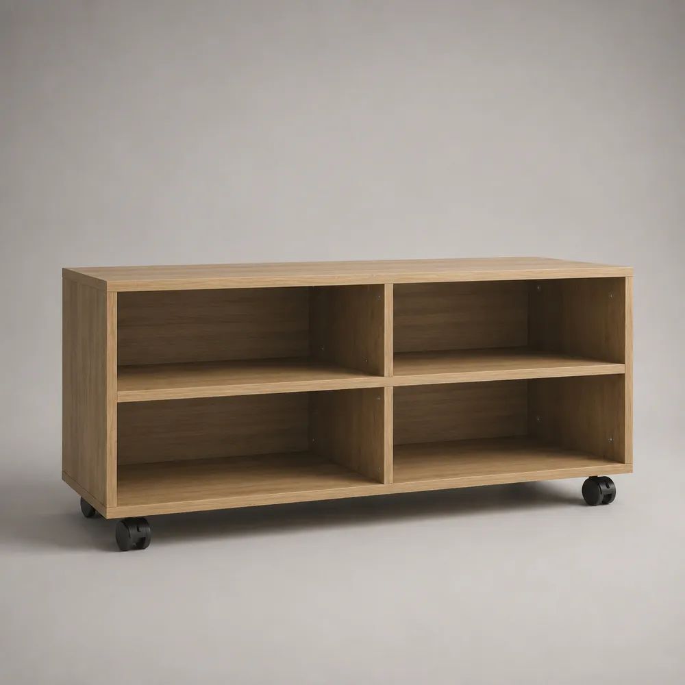 Meuble TV 180 x 40 x 50 cm beige clair en bois avec 4 niches ouvertes et roulettes noires