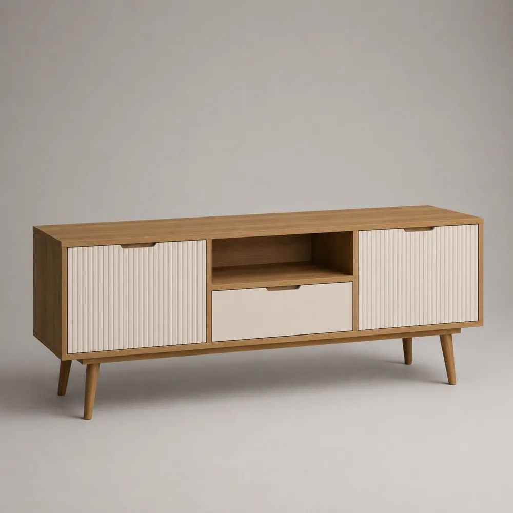 Meuble TV 180 x 40 x 55 cm marron effet chêne avec portes rainurées blanches, tiroir et niche ouverte