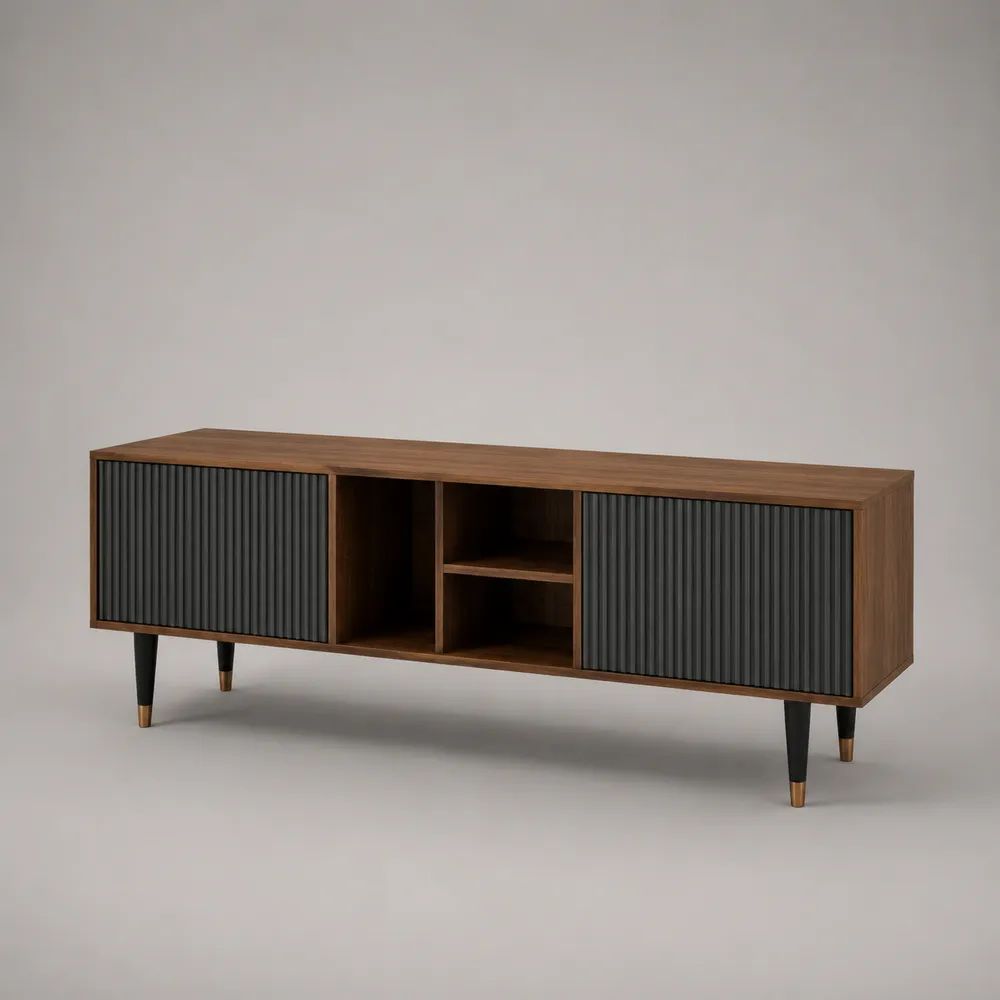 Meuble TV 180 x 40 x 55 cm en panneaux de particules finition noyer marron avec portes rainurées noires et niches de rangement